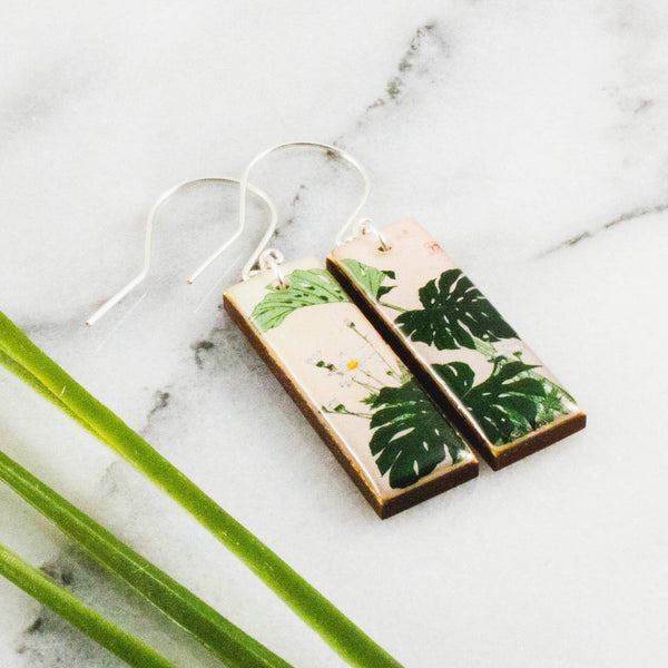No Man's Land - Vintage Japanese Monstera Plant Rectangle Earrings