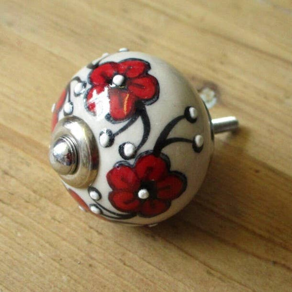 Midwest Craft House - CERAMIC ROUND RED FLOWER AND LEAF KNOBS