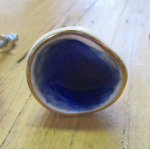 Midwest Craft House - MID-CENTURY STYLE CERAMIC BLUE & GOLD KNOB / PULL
