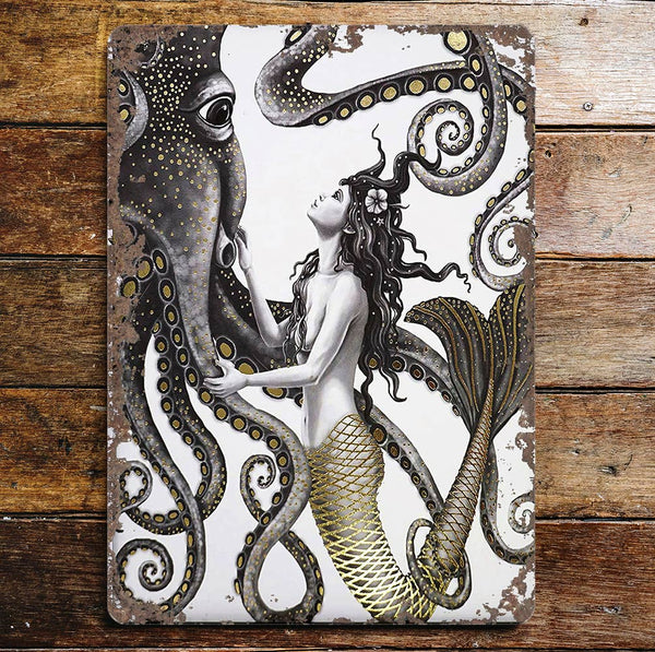 The British Metal Signs Company - Mermaid Octopus-  Metal Sign Plaque - Sea Bathroom 3: 6x8inch