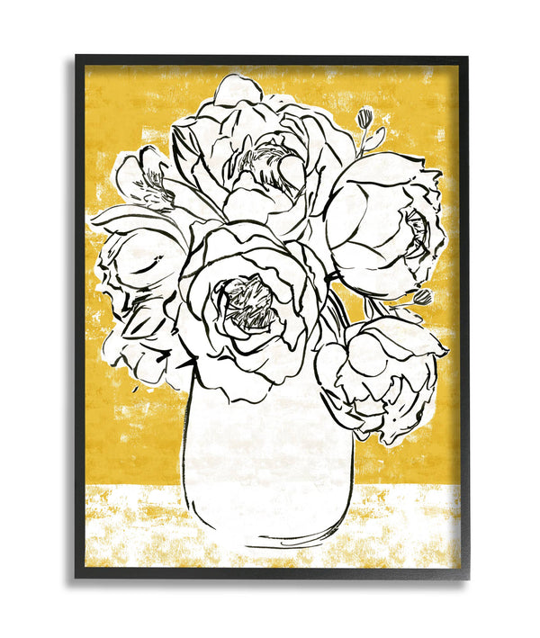 Stupell Industries - Peony Sketch Bouquet Contrasted Distressed Yellow Blk Frame