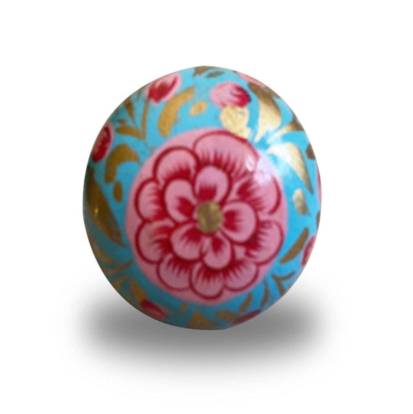 NACH - Ceramic Floral Furniture Knob, Teak & Pink