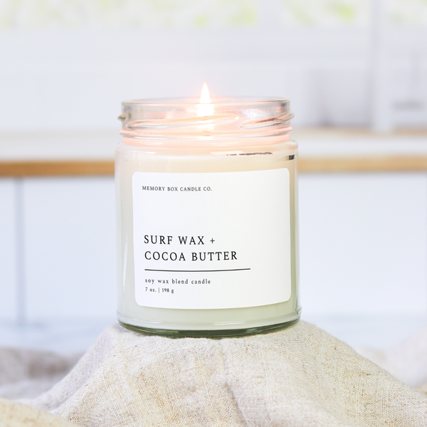 Memory Box Candle Co. - Surf Wax + Cocoa Butter - 7 oz. Clear Glass Soy Candle