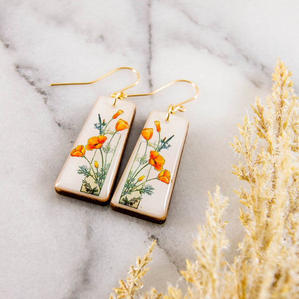 No Man's Land - Art Deco California Poppy Floral Tapered Rectangle Earrings