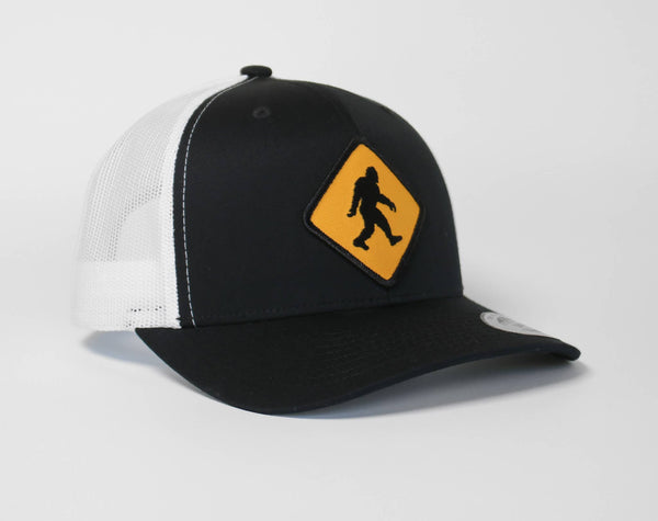 Squatchy - Bigfoot Crossing Vintage Style Trucker Hat | SnapBack Cap : Black / White