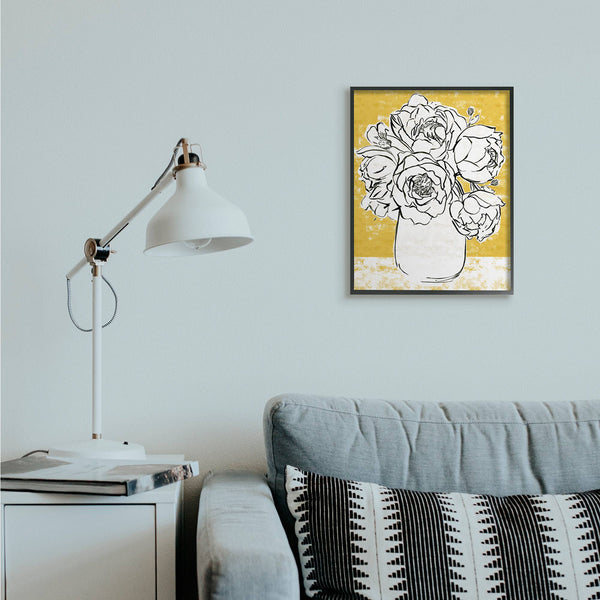 Stupell Industries - Peony Sketch Bouquet Contrasted Distressed Yellow Blk Frame
