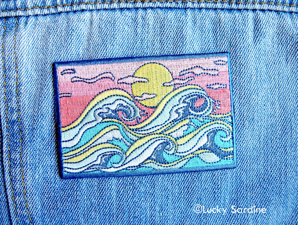 Lucky Sardine - Ocean Waves & Sunset, Surfing Embroidered Iron-On Patch: Yes (Include Retail Packaging)