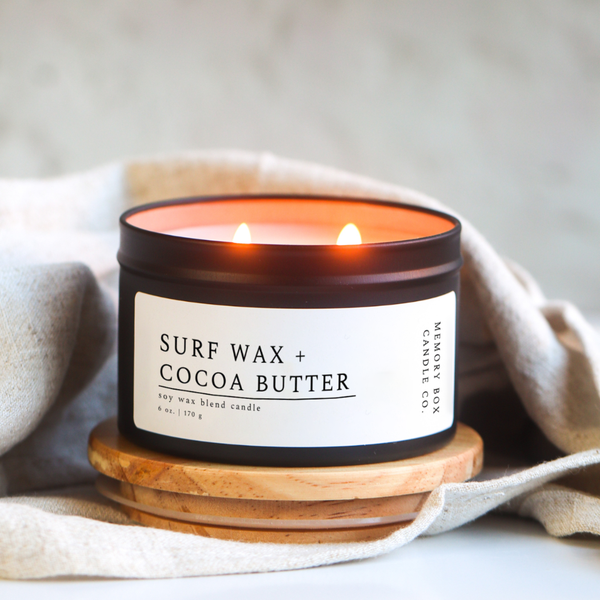 Memory Box Candle Co. - Surf Wax + Cocoa Butter - 6 oz. Matte Black Soy Candle Tin