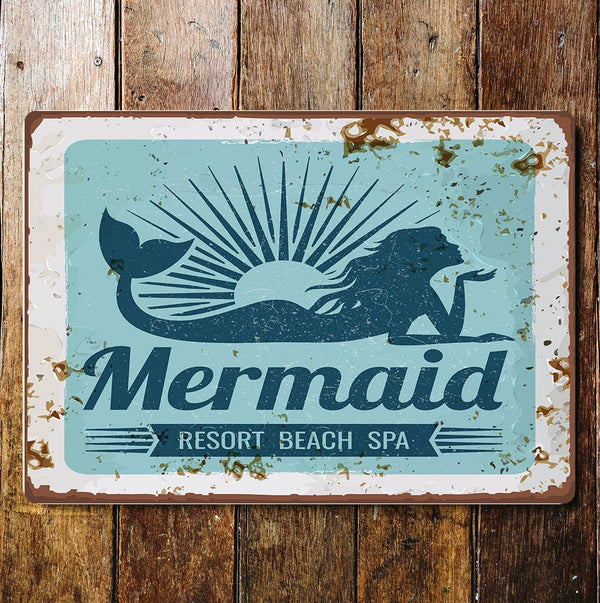 The British Metal Signs Company - Mermaid Resort Beach Spa Metal Wall Sign Plaque: 6x8inch