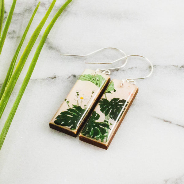 No Man's Land - Vintage Japanese Monstera Plant Rectangle Earrings