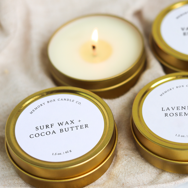 Memory Box Candle Co. - Surf Wax + Cocoa Butter - 1.5 oz. Gold Tin Soy Candle