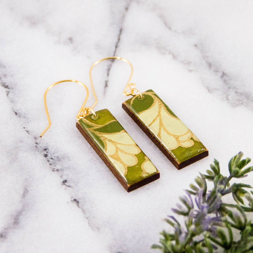 No Man's Land - Green Nouveau Floral Rectangle Earrings