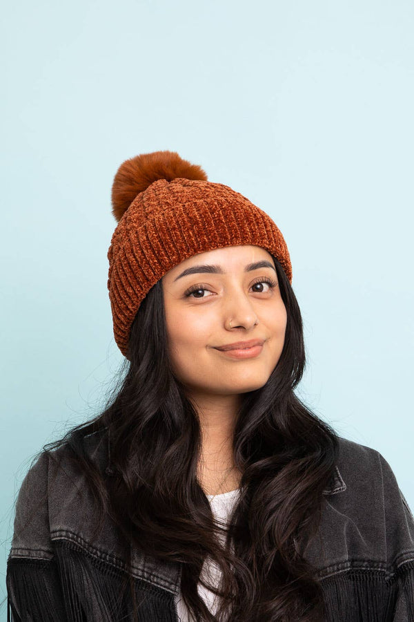 Leto Accessories - Velvet Cable Knit Pom Beanie