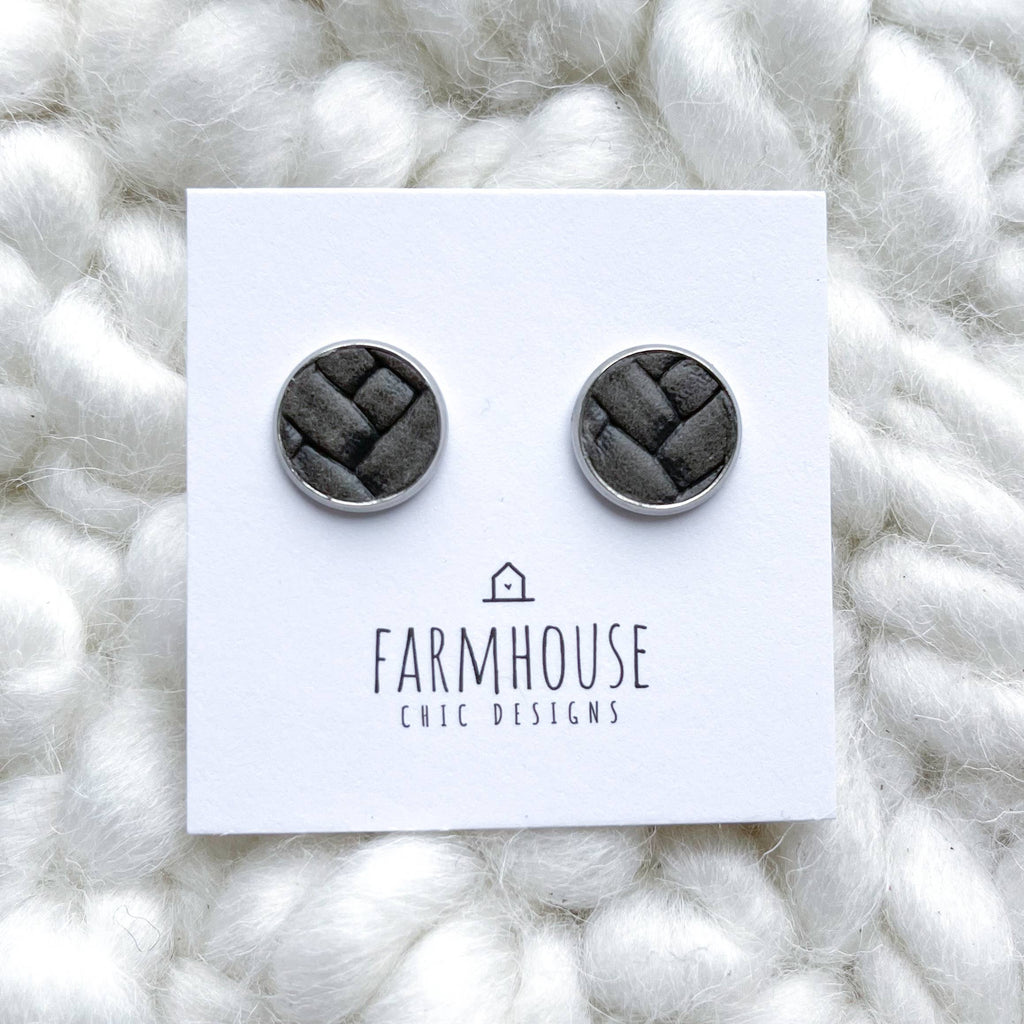 Farmhouse Chic Designs - Grey Braid Leather Stud Earrings