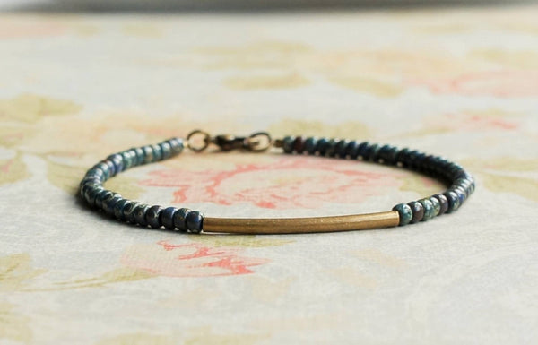 Sentimento - Dark Blue Seed Bead And Bronze Bar Bracelet