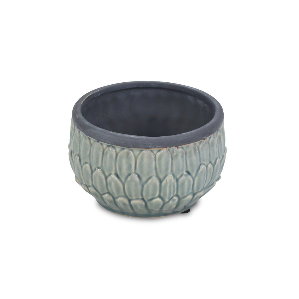 Cheungs Home Decor - 6.5" Round, blue ceramic pot with an overlapping leaf patter