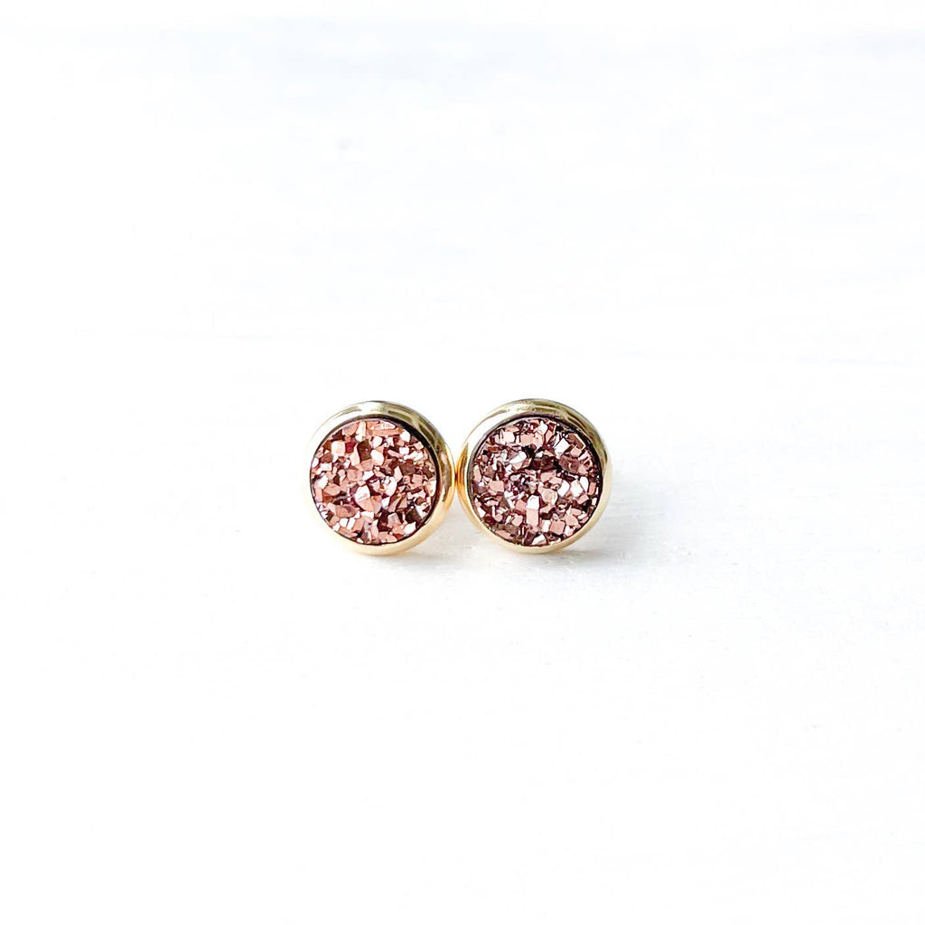 Hello Heather - Rose Gold Mini Druzy Stud Earrings: Silver