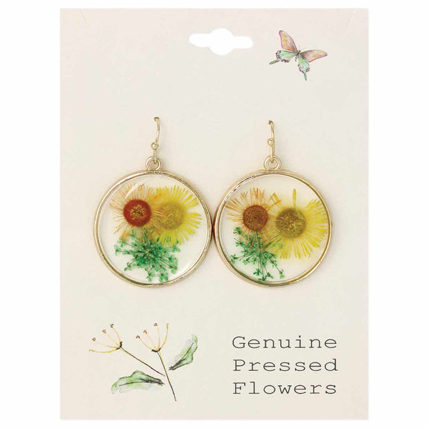 ZAD - Yellow Dried Flower Gold Round Earrings