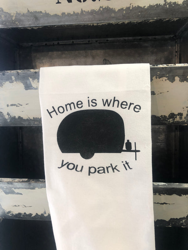 Home is where you park it tea towel