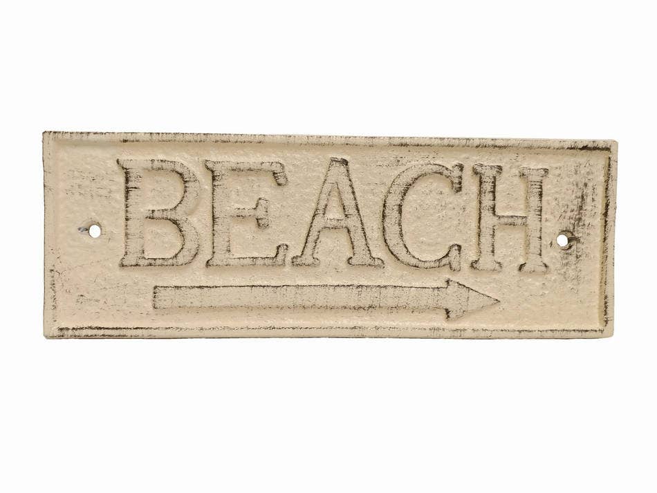 Hampton Nautical - Aged White Cast Iron Beach Sign 9"