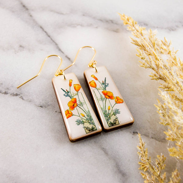 No Man's Land - Art Deco California Poppy Floral Tapered Rectangle Earrings