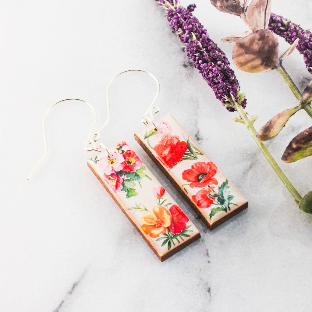 No Man's Land - Vintage Poppies Rectangle Earrings