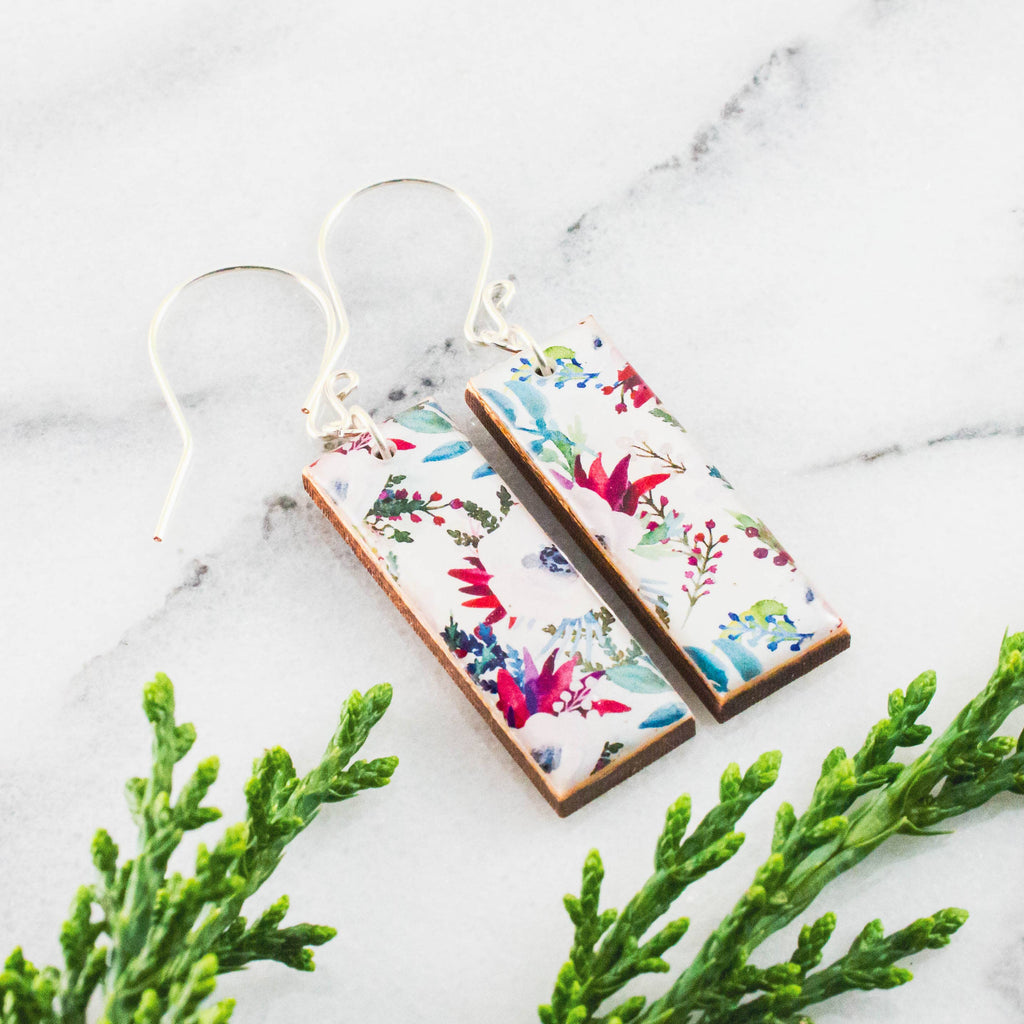 No Man's Land - White Watercolor Floral Rectangle Earrings
