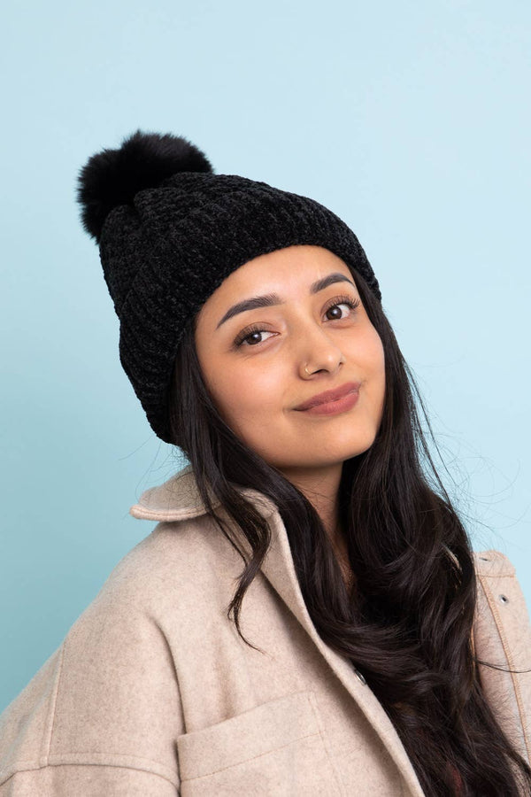 Leto Accessories - Velvet Cable Knit Pom Beanie