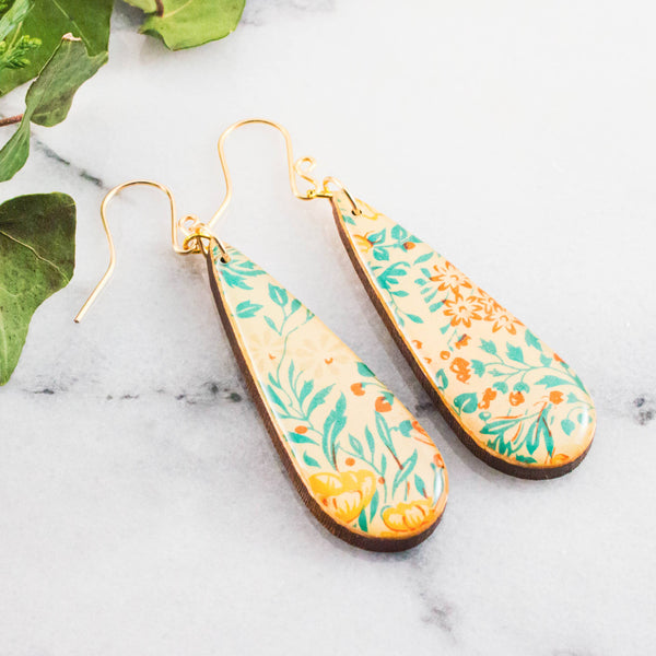 No Man's Land - Teardrop Turquoise + Orange Vintage Floral Earrings