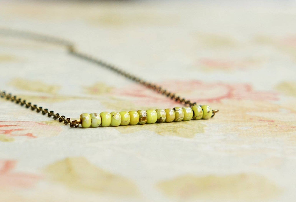 Sentimento - Olive Green Beaded Bar Necklace