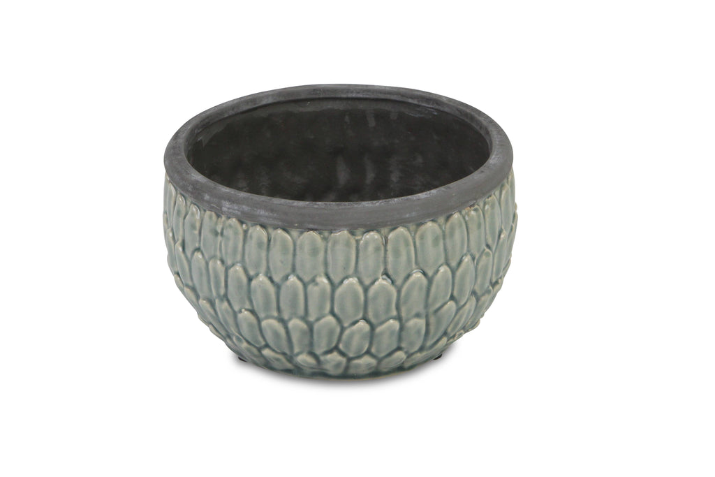 Cheungs Home Decor - 6.5" Round, blue ceramic pot with an overlapping leaf patter
