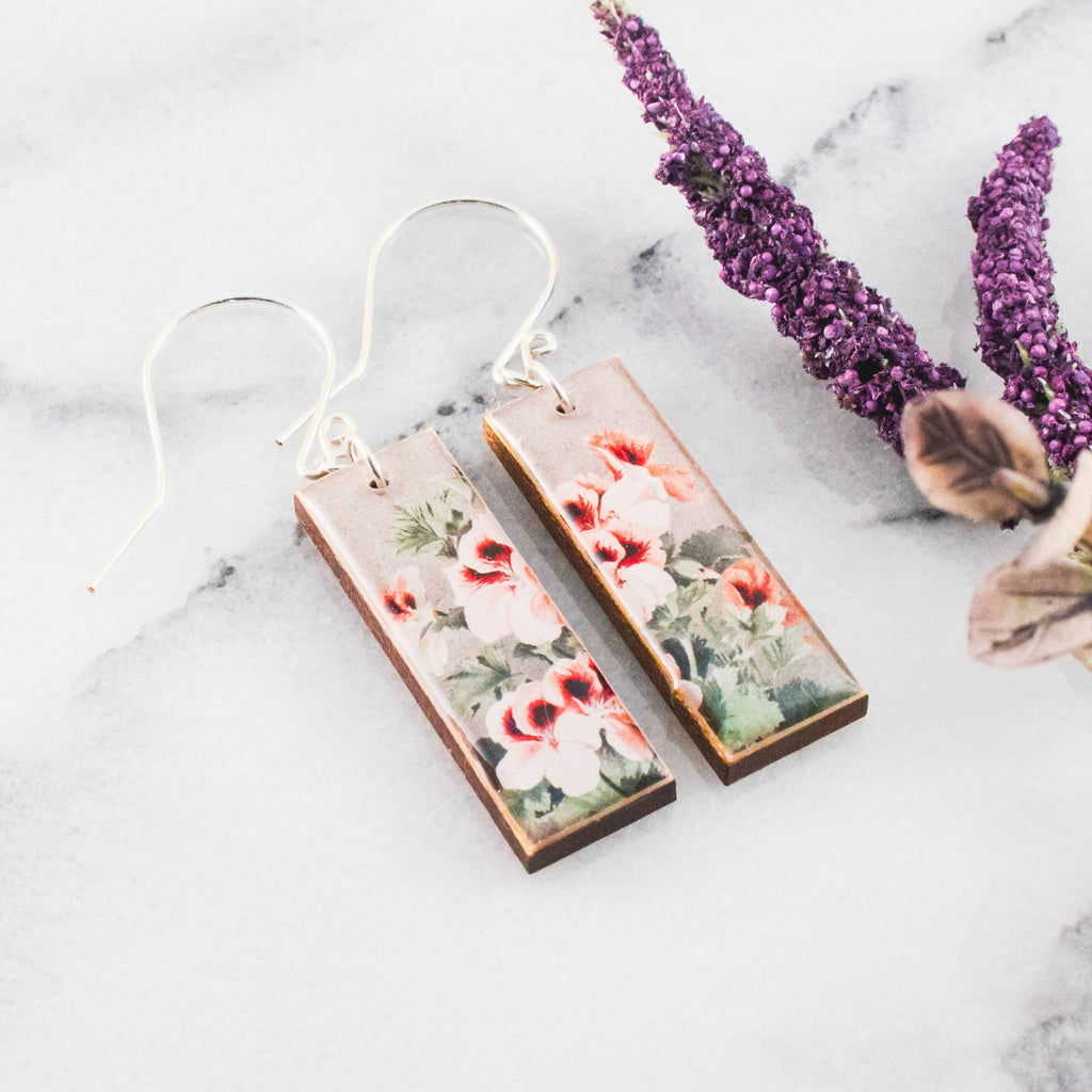 No Man's Land - Taupe + Rose Vintage Floral Rectangle Earrings